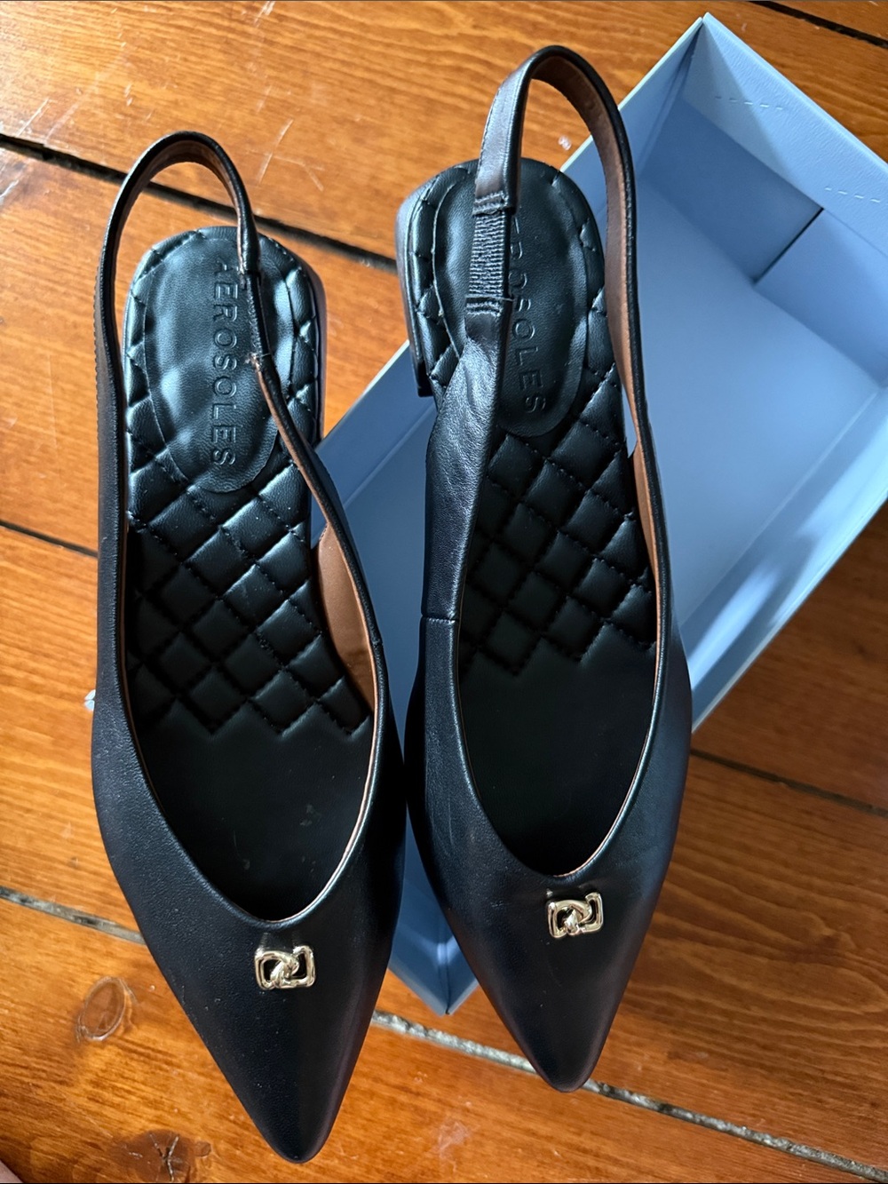 AEROSOLES Black Pointed Slingback Flats with Gold Accent